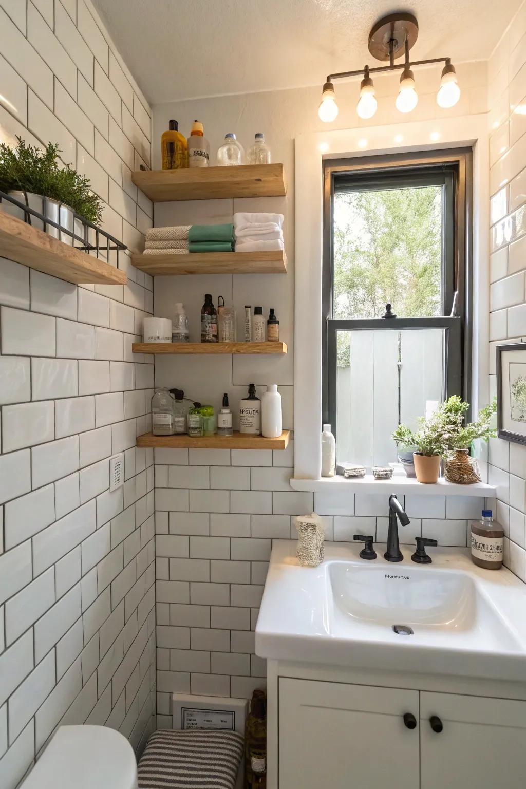 Floating shelves provide elegant storage in a small bathroom.