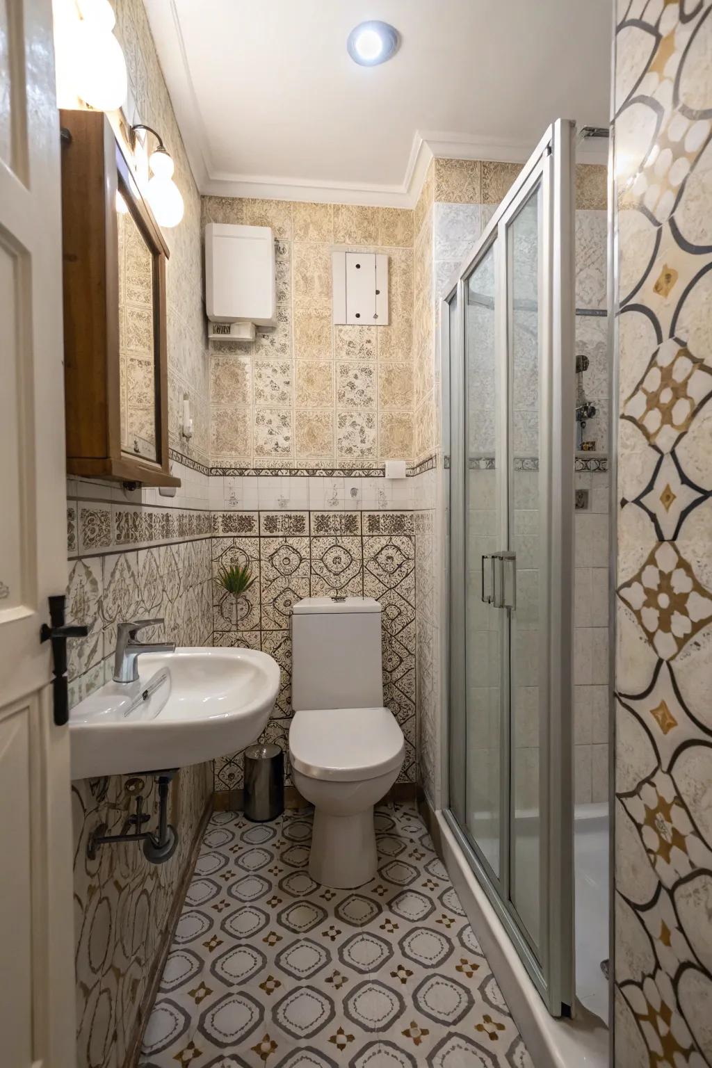 Tile-look panels in a small bathroom, combining tile aesthetics with easy maintenance.