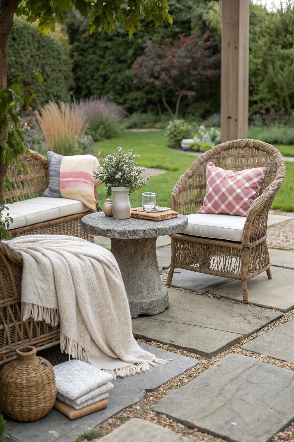 A small patio rich in texture with a mix of materials.