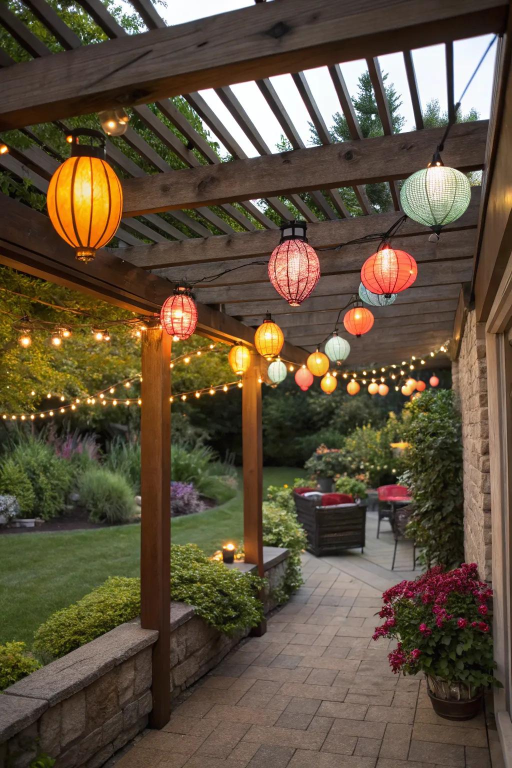 Colorful lanterns infuse a festive vibe under a small pergola.