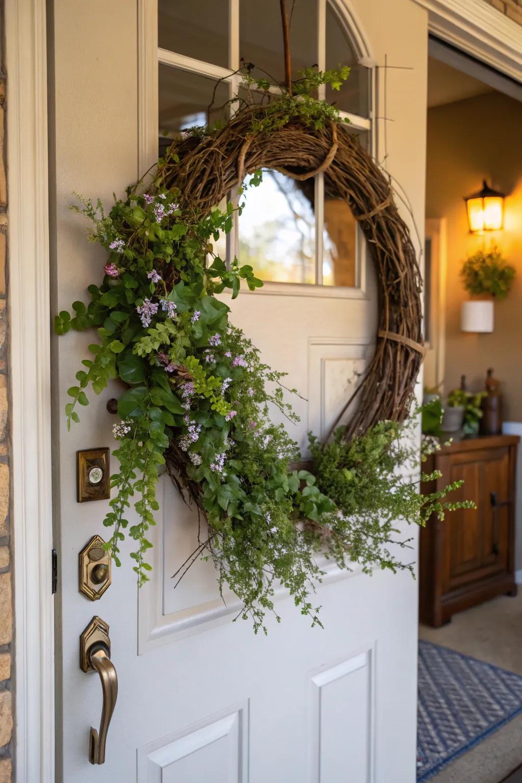 A grapevine wreath with flowers offers a warm and rustic welcome.