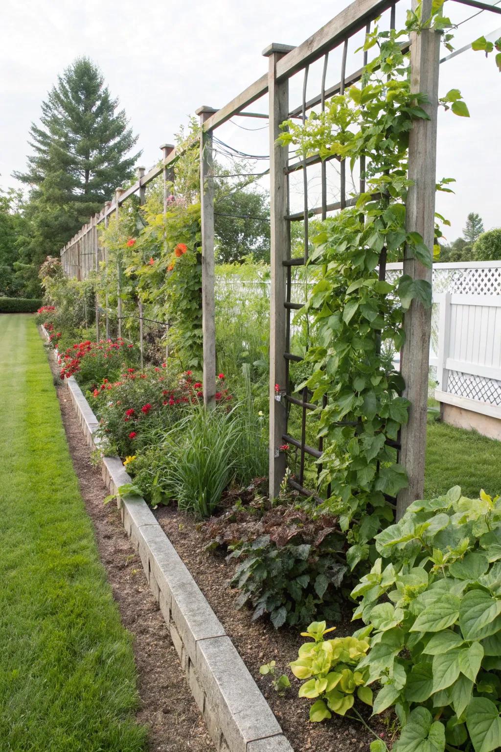 Vertical planting maximizes space in smaller garden areas.