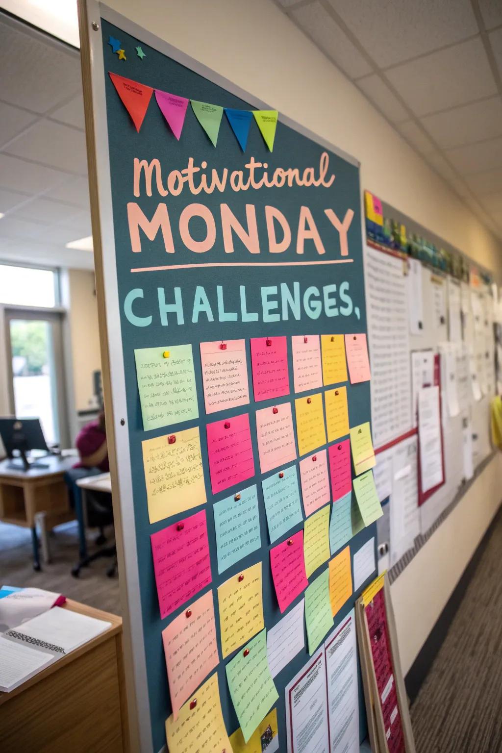 A bulletin board dedicated to Motivational Mondays with quotes and challenges.