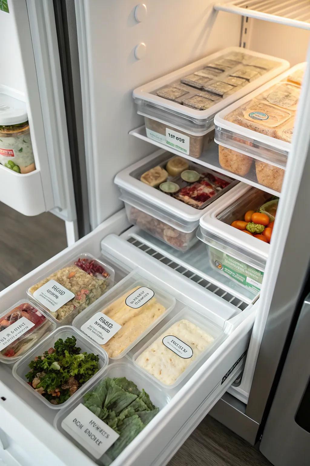 Organized section in a top freezer, dedicated to quick meal options for easy access.