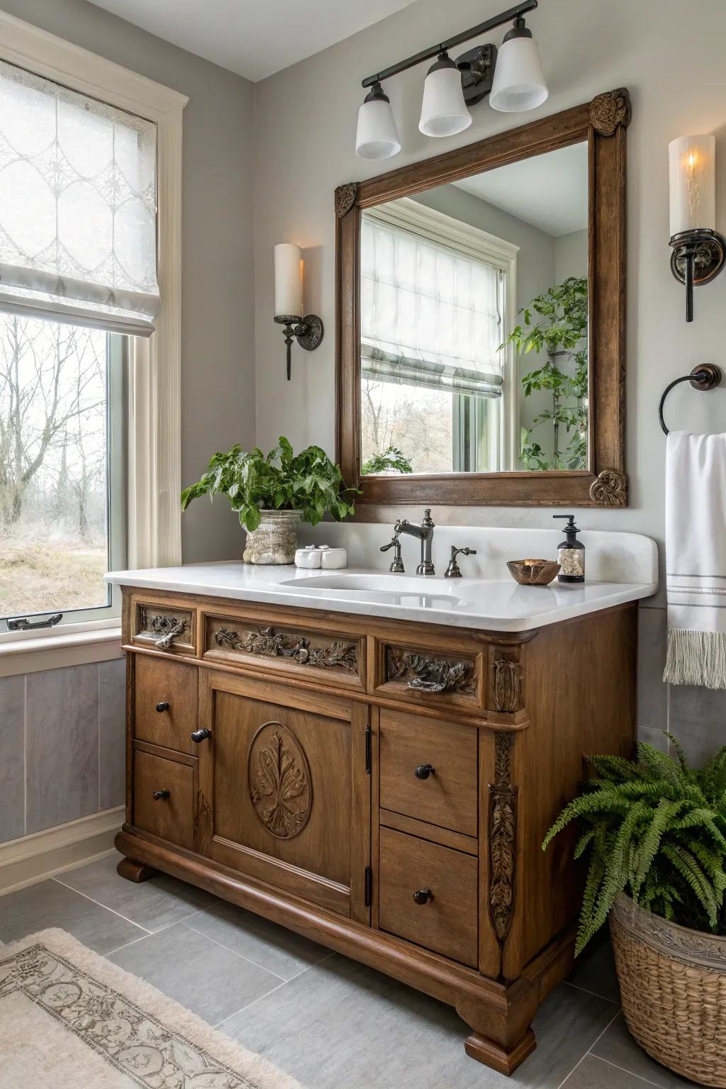 A bathroom vanity blending vintage charm with modern elements for a unique look.