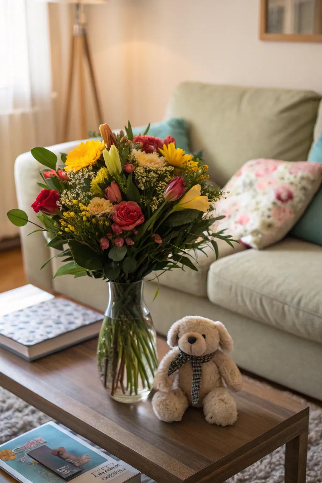 Arrangement with a plush toy incorporating added charm.