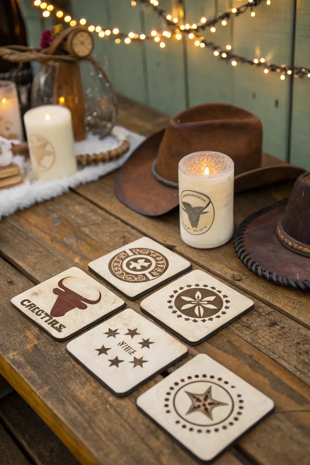 DIY cattle brand coasters add a personalized touch.