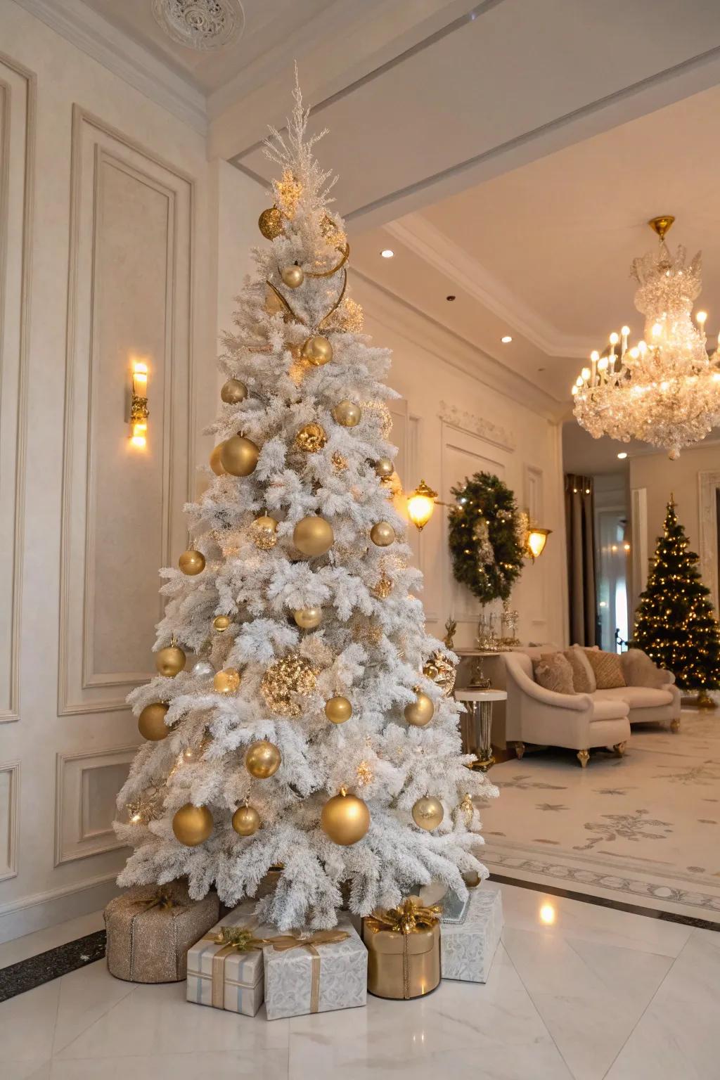 Sophisticated effervescent gold theme on a white Christmas tree.