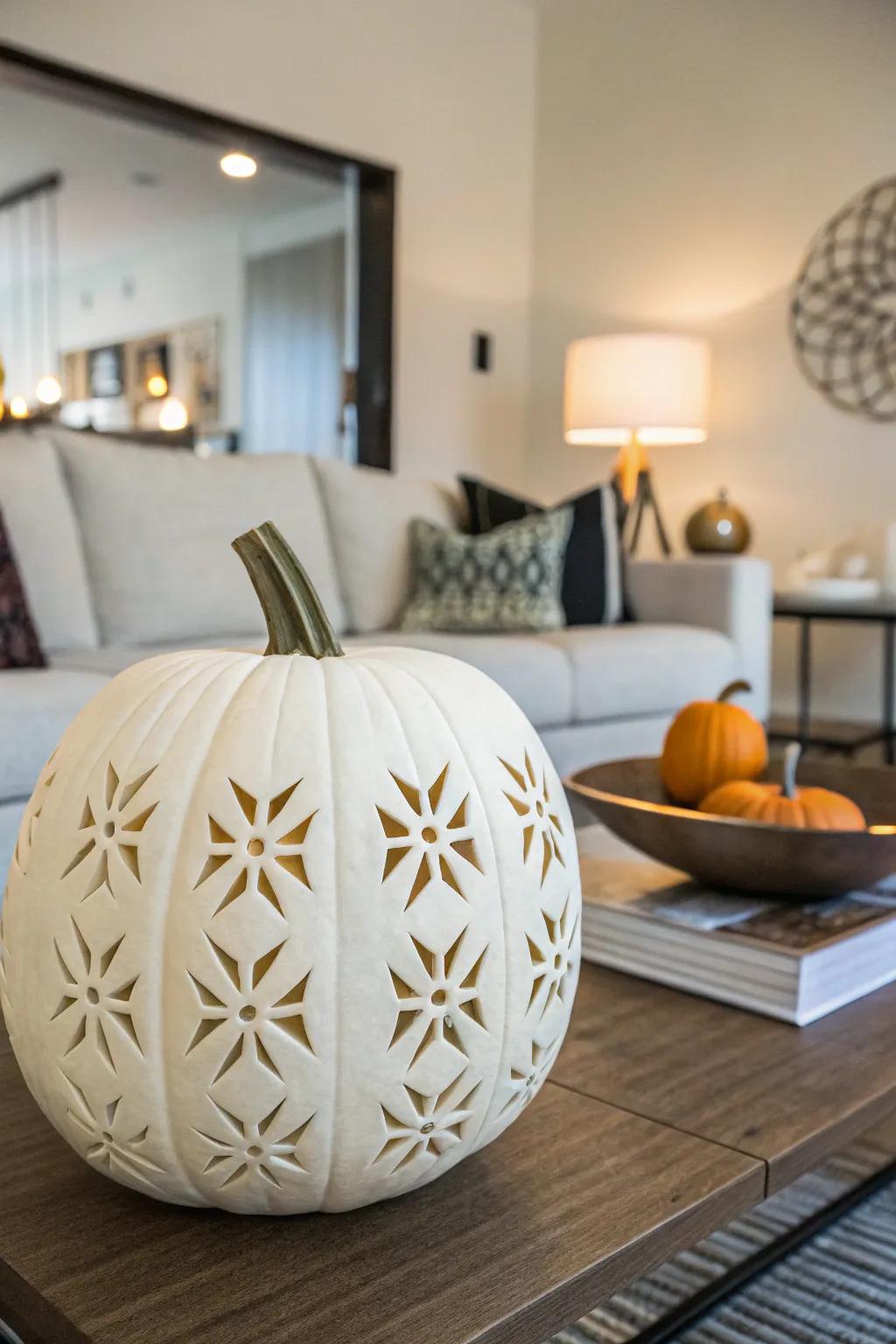 A modern twist on pumpkin carving with geometric patterns.