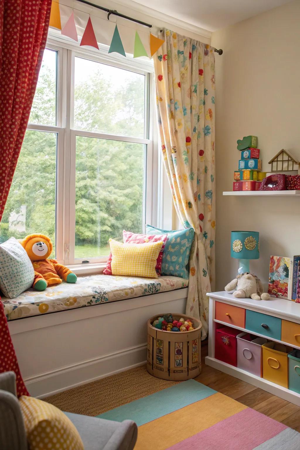 A fun and inviting window seat in a kids' room, perfect for play and relaxation.