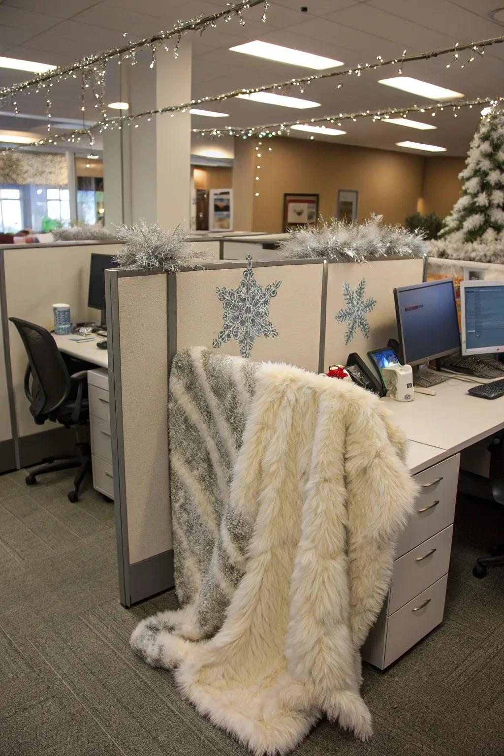 A winter-themed cubicle refresh adds a surprising and delightful touch to personal workspaces.