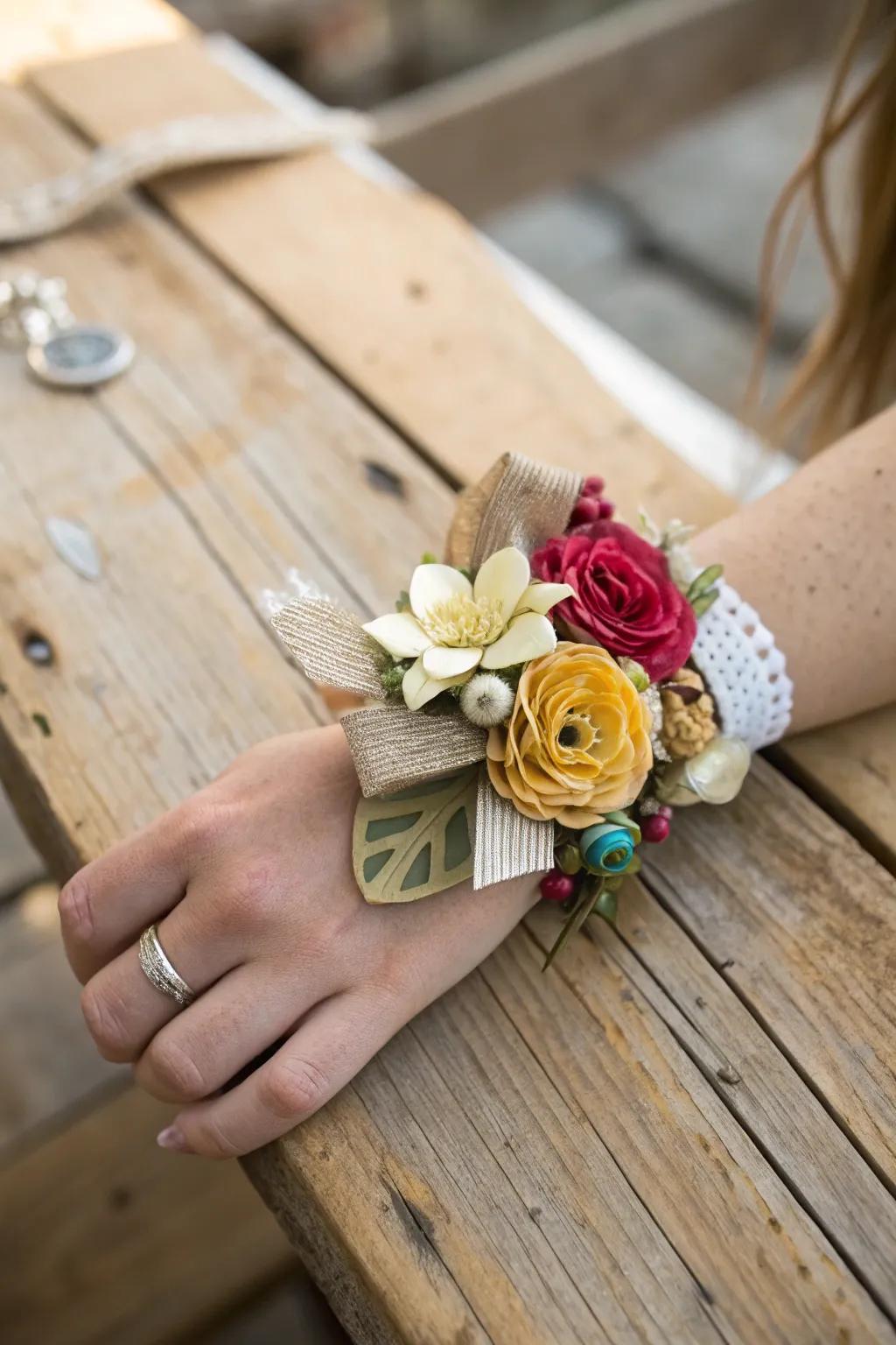 Sustainable wrist corsage with recycled elements.