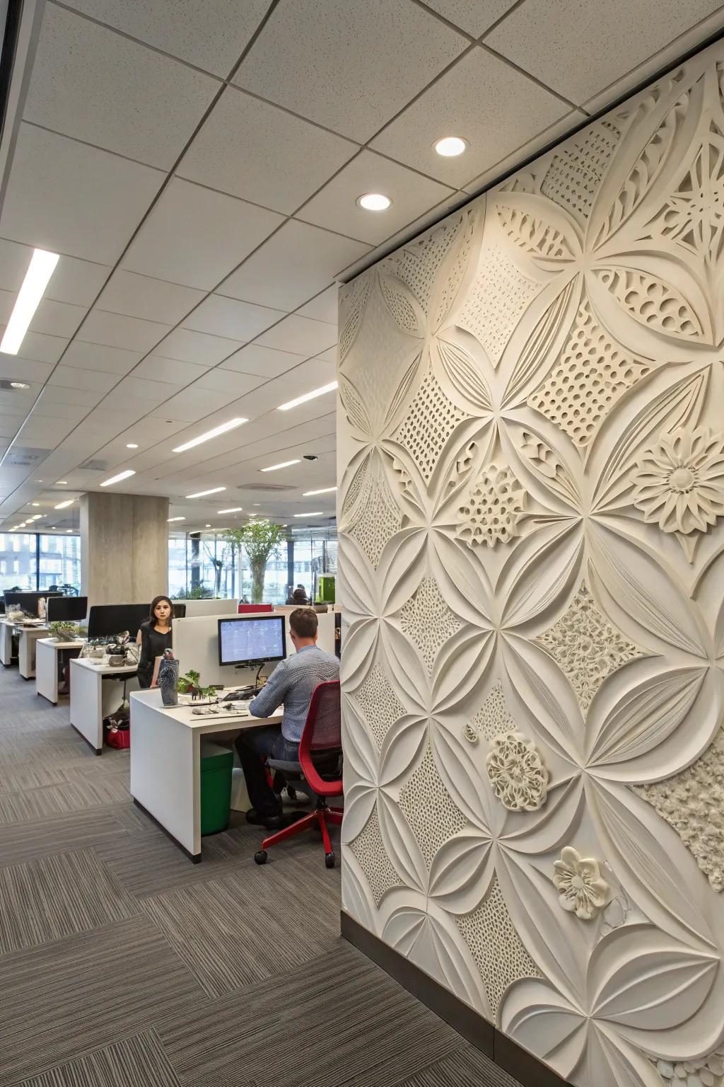 An office with 3D sculptural accent wall panels.