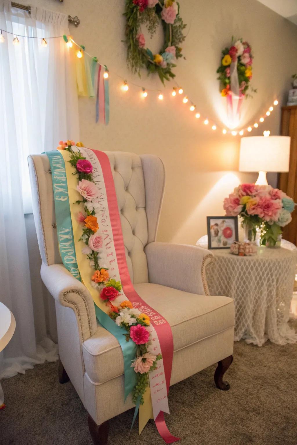 Eclectic chair decor with sashes and floral garlands adds elegance to the setting.