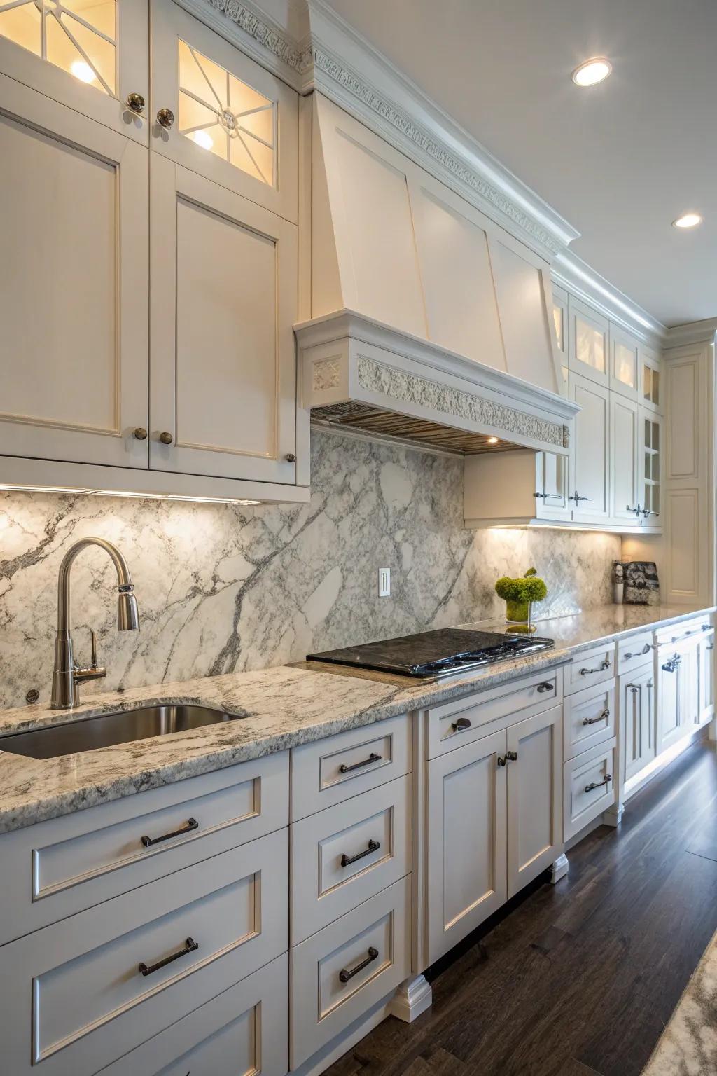 Marble and granite create a luxurious kitchen duo.