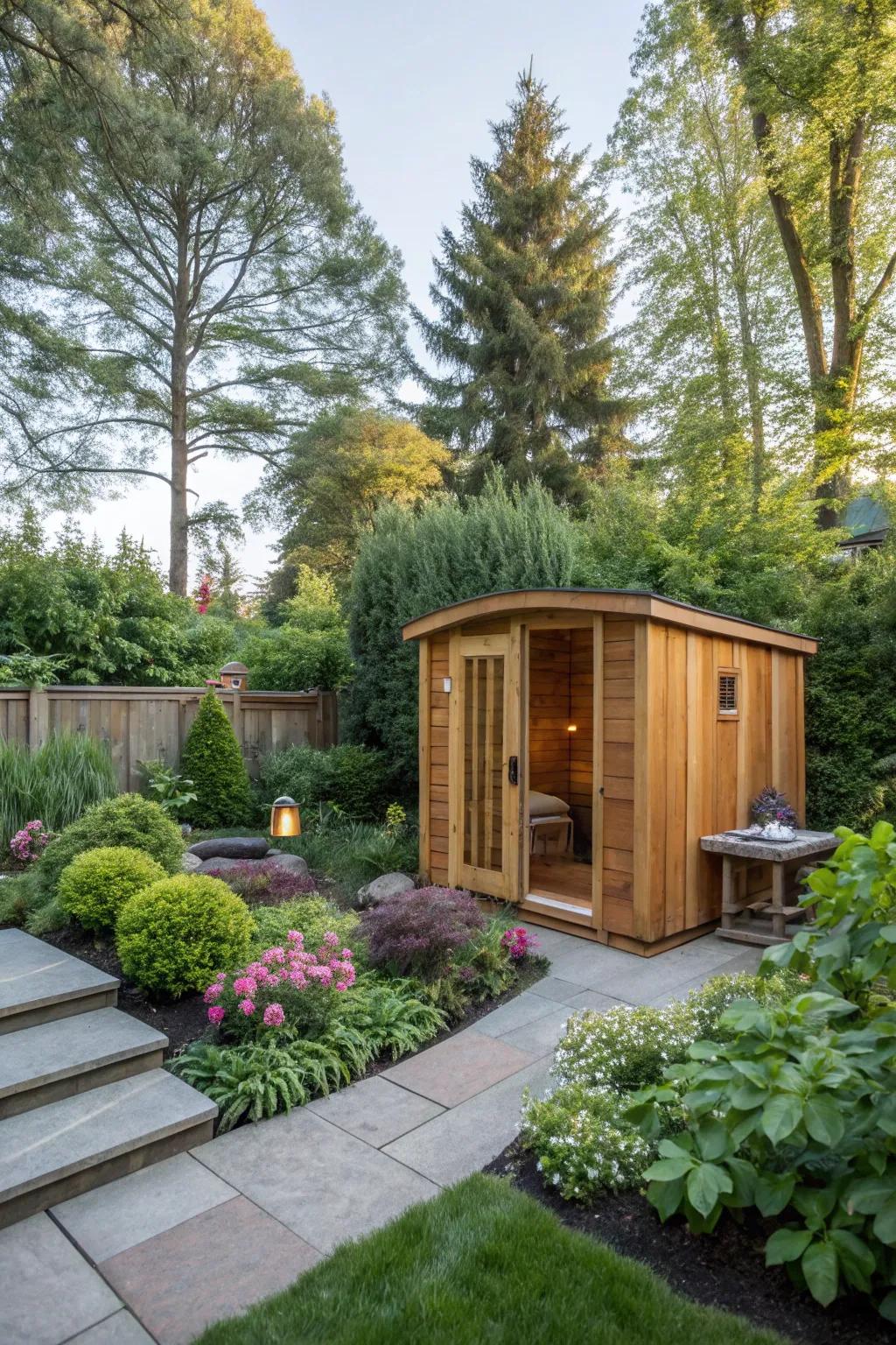 A backyard sauna offers a luxurious escape for relaxation and rejuvenation.