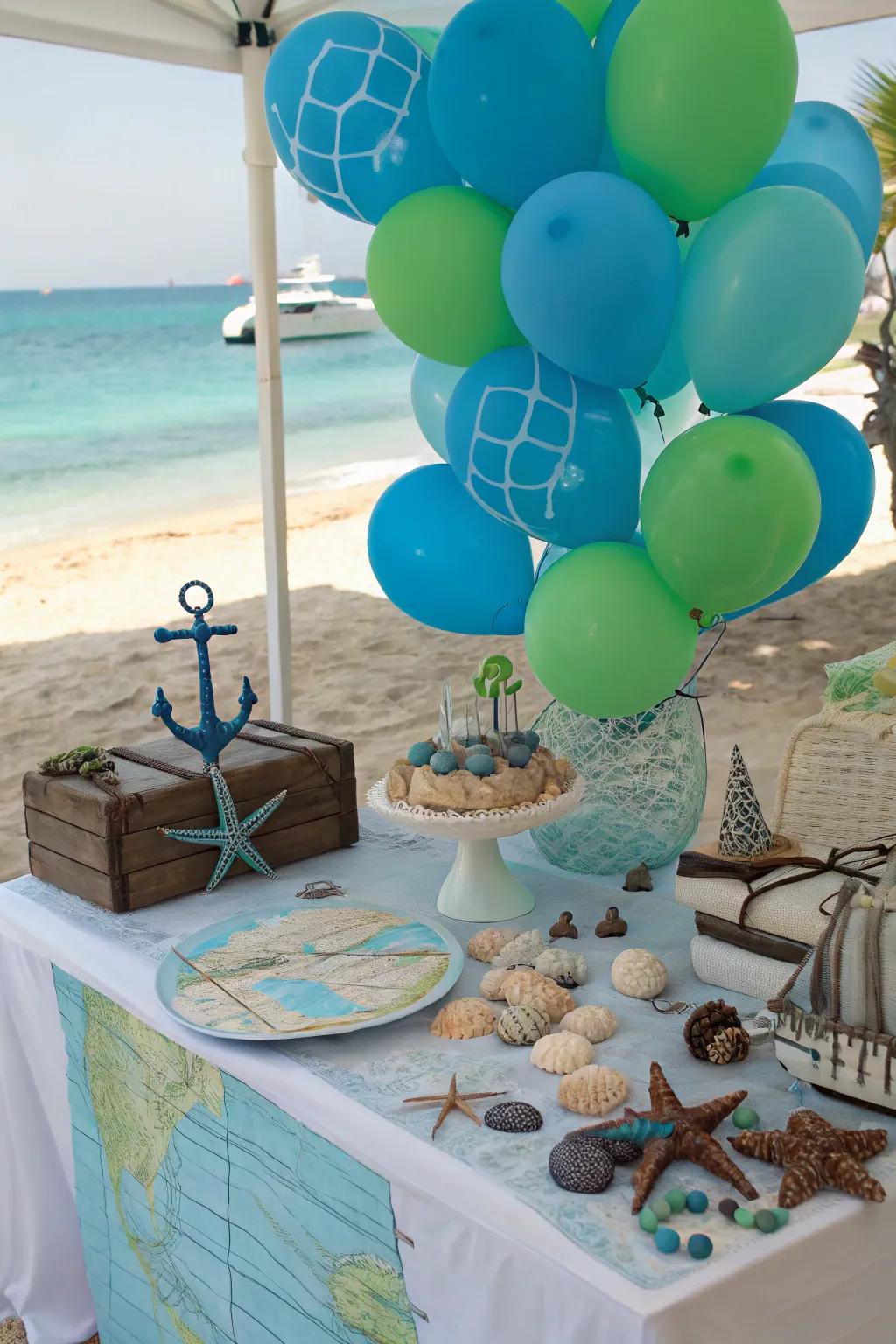 Beneath the maritime expanse, thematic nuances articulated through shades of azure and emerald balloons.
