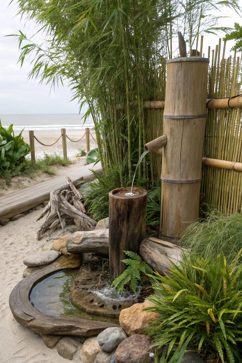 A beach-inspired bamboo fountain featuring natural driftwood.