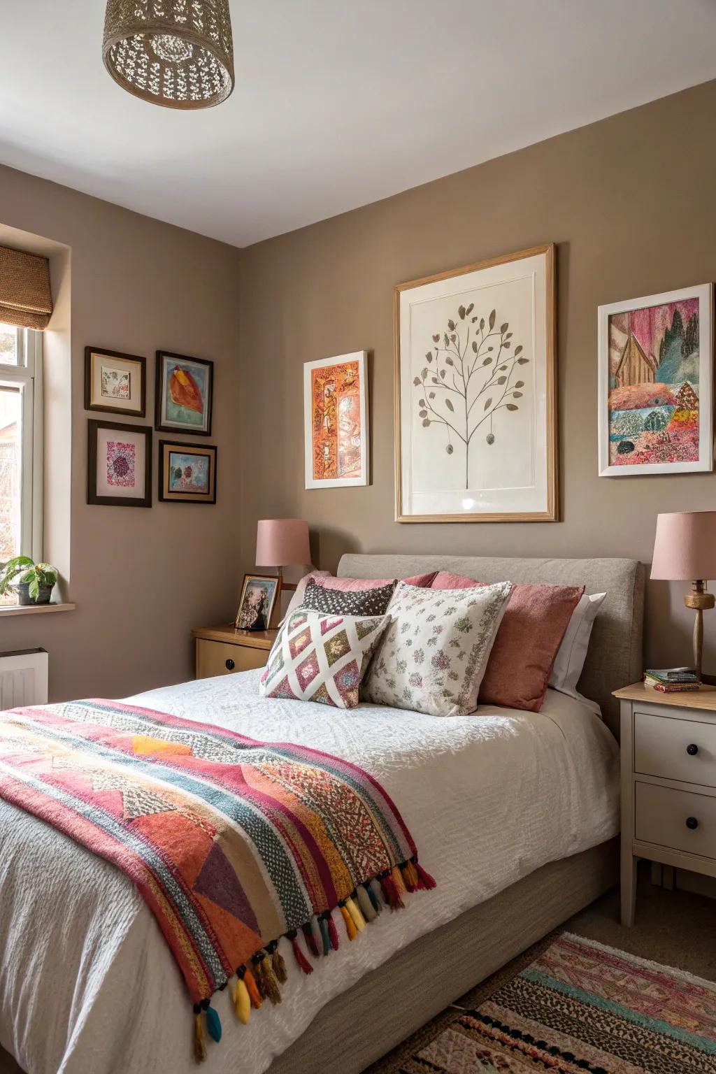 Elegant taupes provide a neutral canvas for colorful expressions in your bedroom.