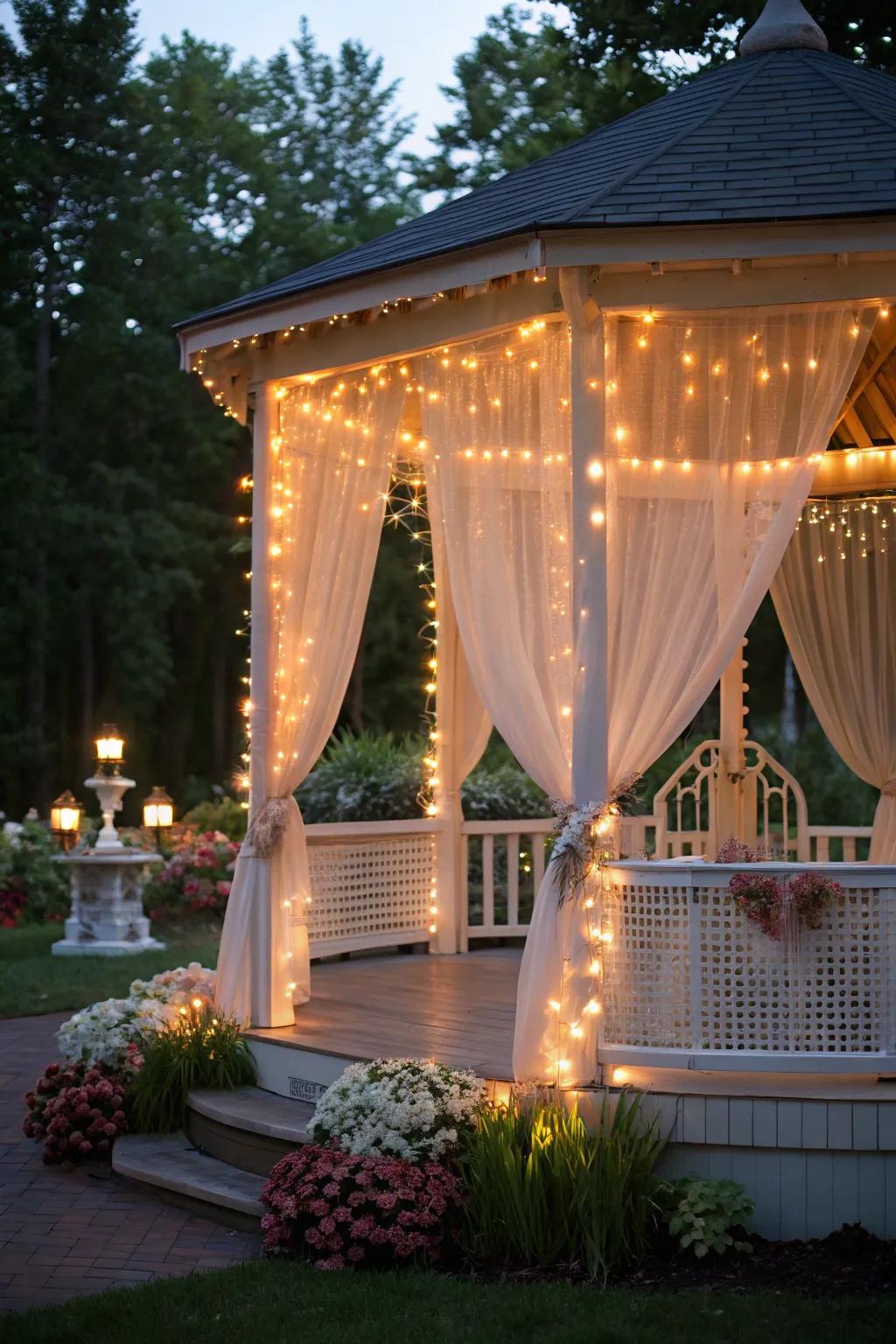 Curtain lights affix grandeur and glamour to any gazebo.