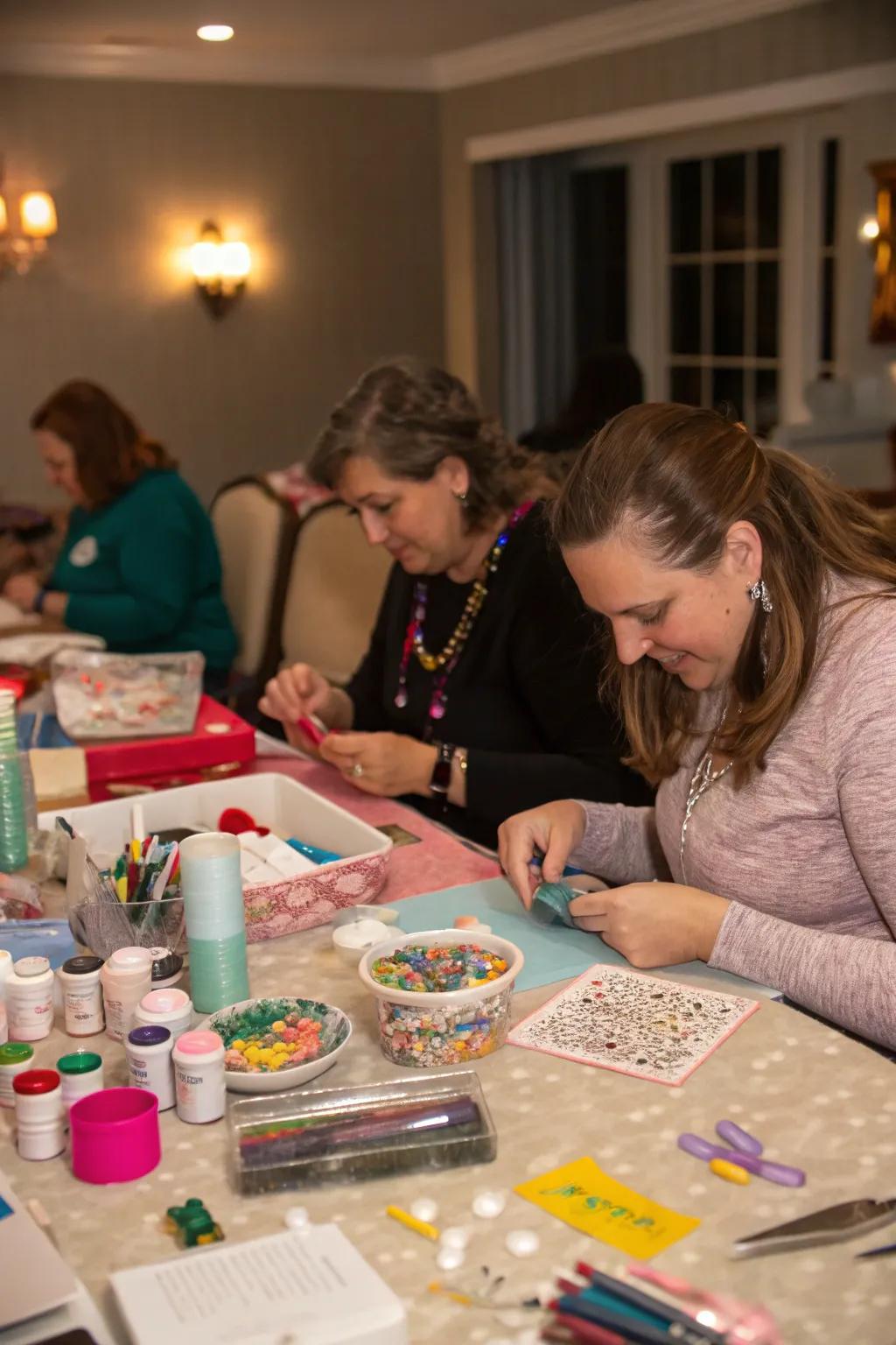 A craft night lets guests create unique keepsakes while celebrating.