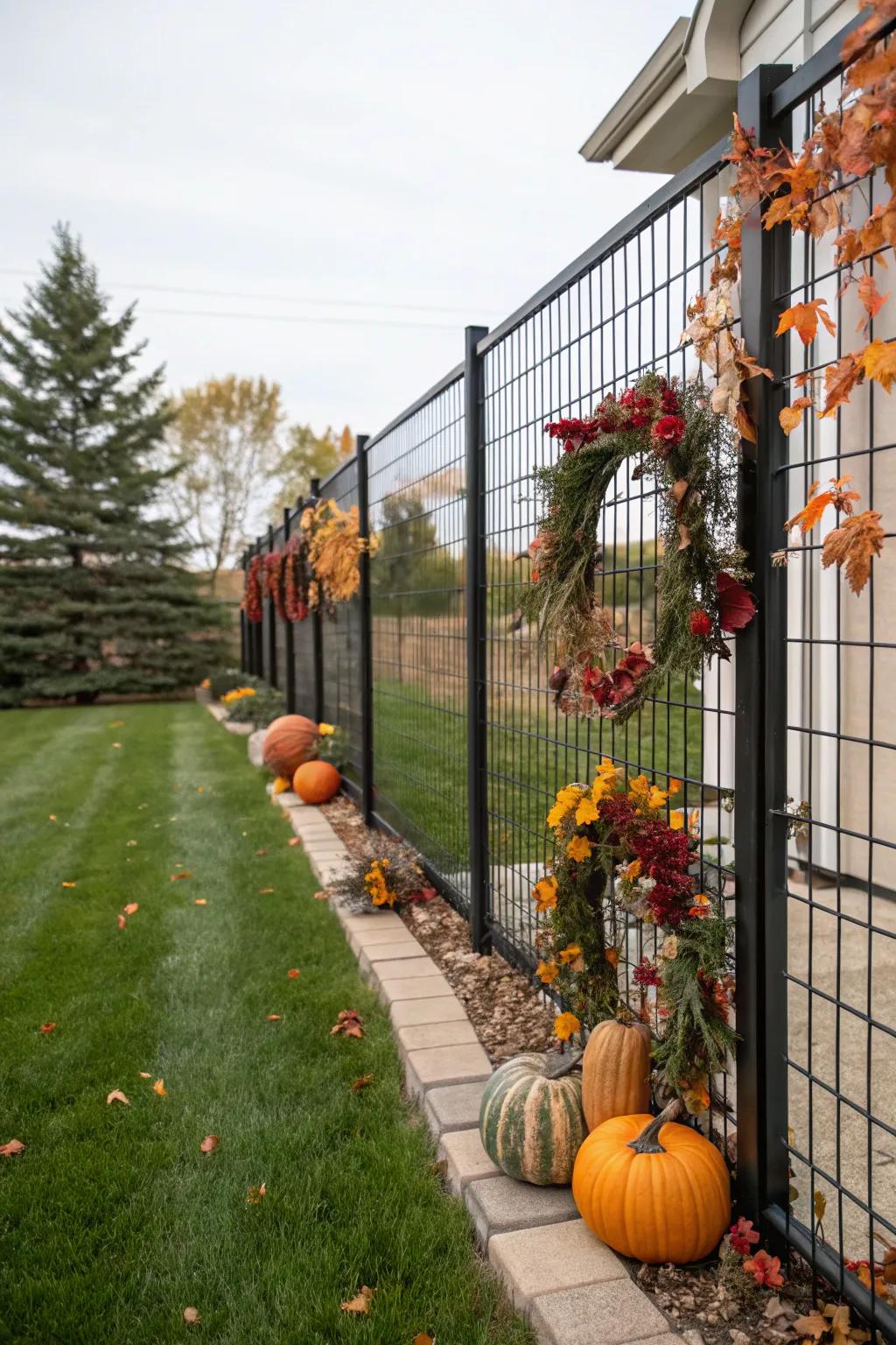 Make your black wire fence a backdrop for seasonal decorations.