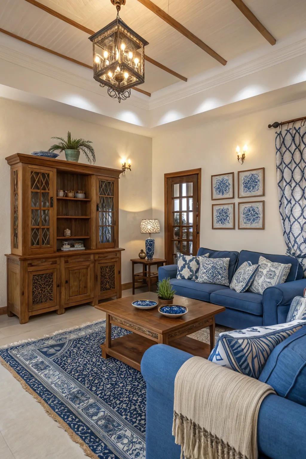 Warm wood tones enhance the cozy atmosphere of this blue-themed living room.