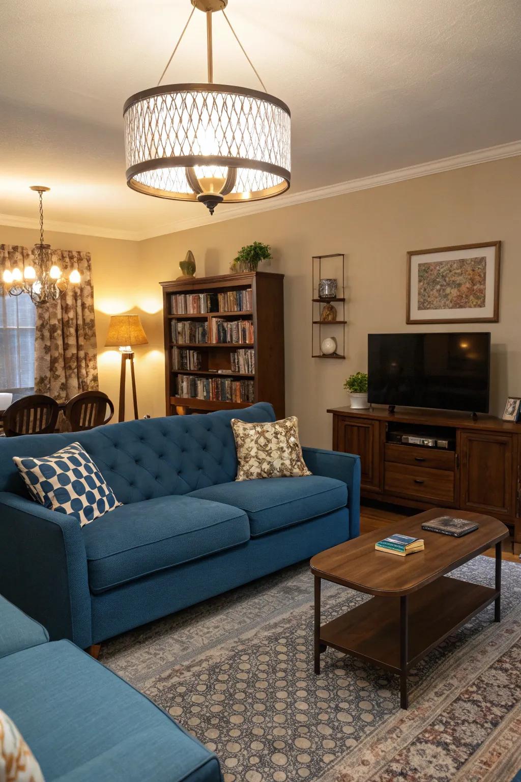 Unique lighting enhances the atmosphere around a blue settee.