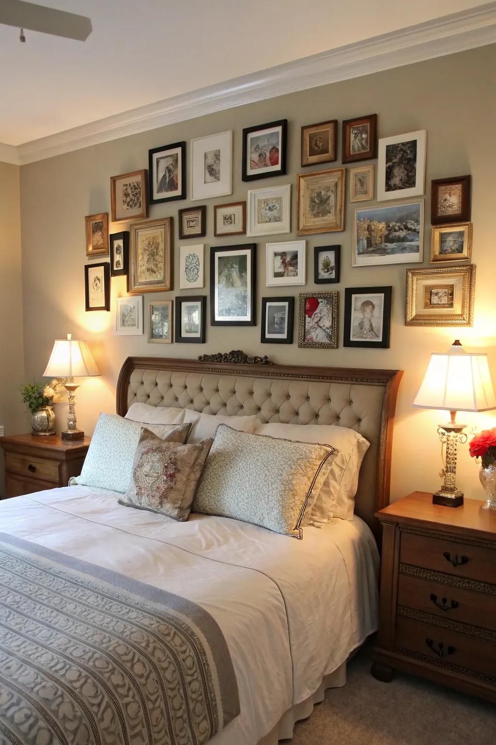 Different frames come together to form a unique headboard collage.