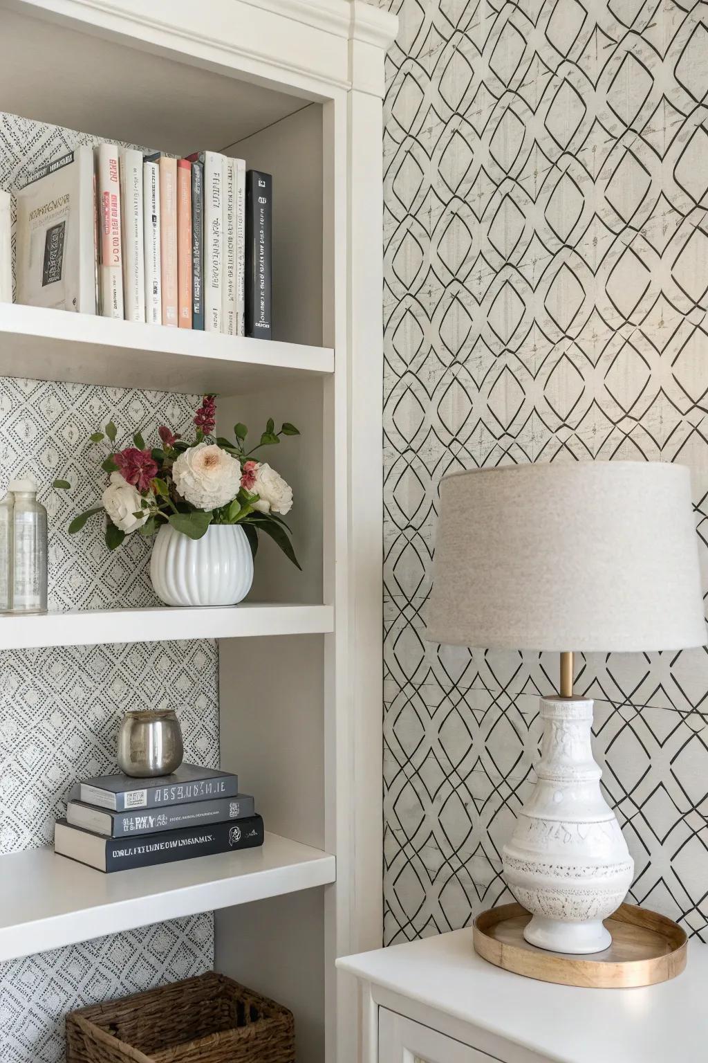 Bookshelf showcasing monochrome art wallpaper, projecting a pristine and minimalist visual.