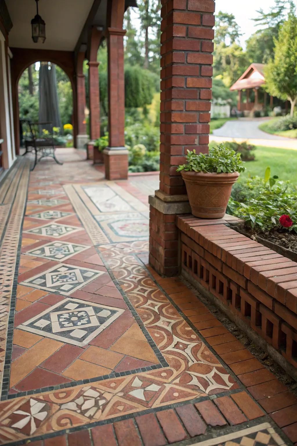 Inlaid tiles add unique and artistic accents to brick patio designs.