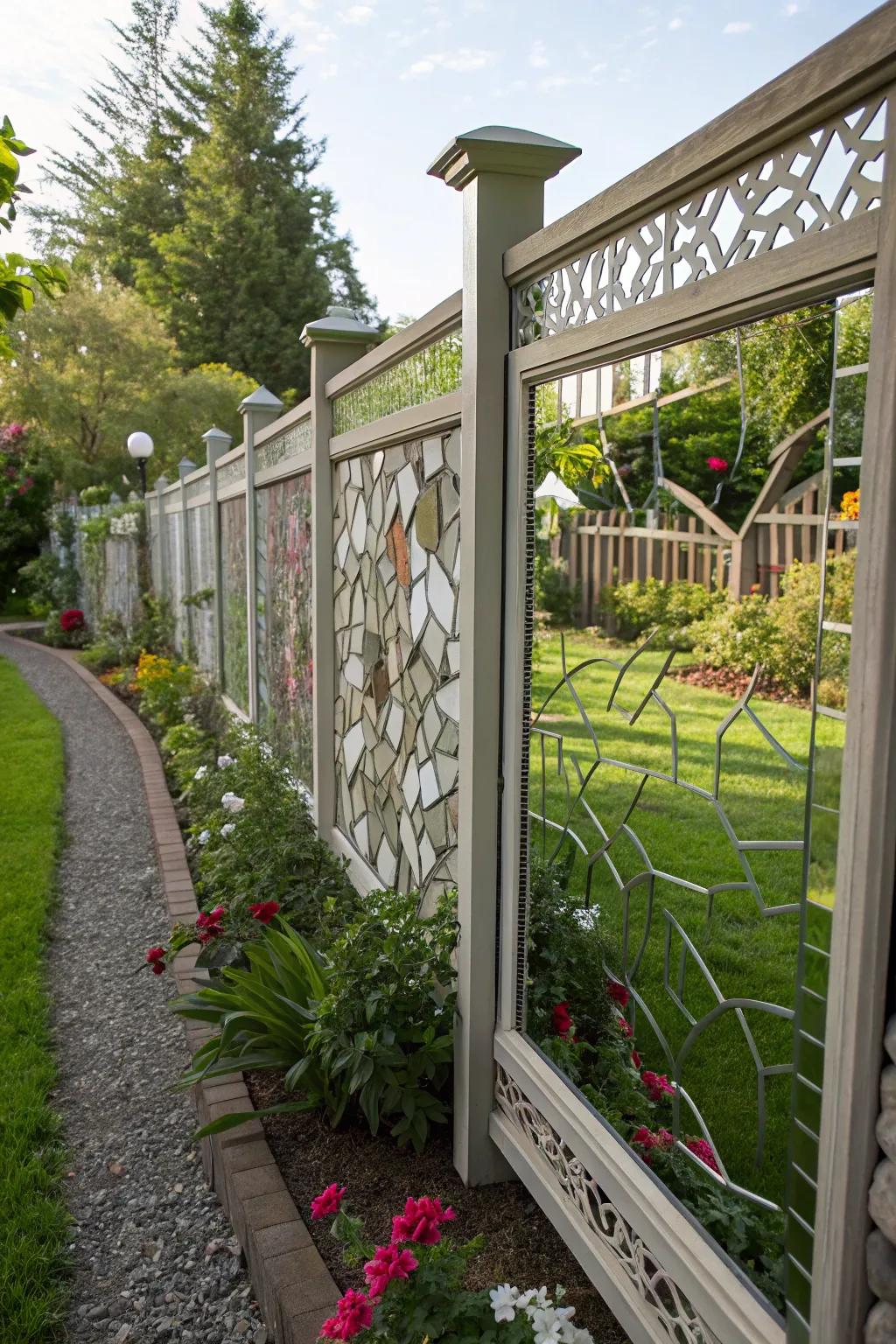 A mirror mosaic fence adds charm to outdoor spaces.