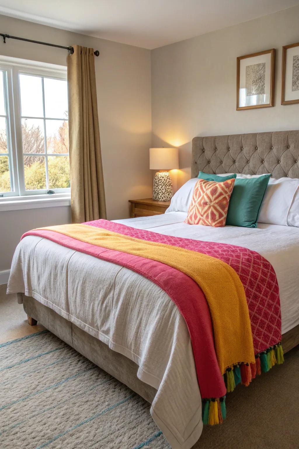 A pop of color through textiles invigorates a neutral bedroom palette.