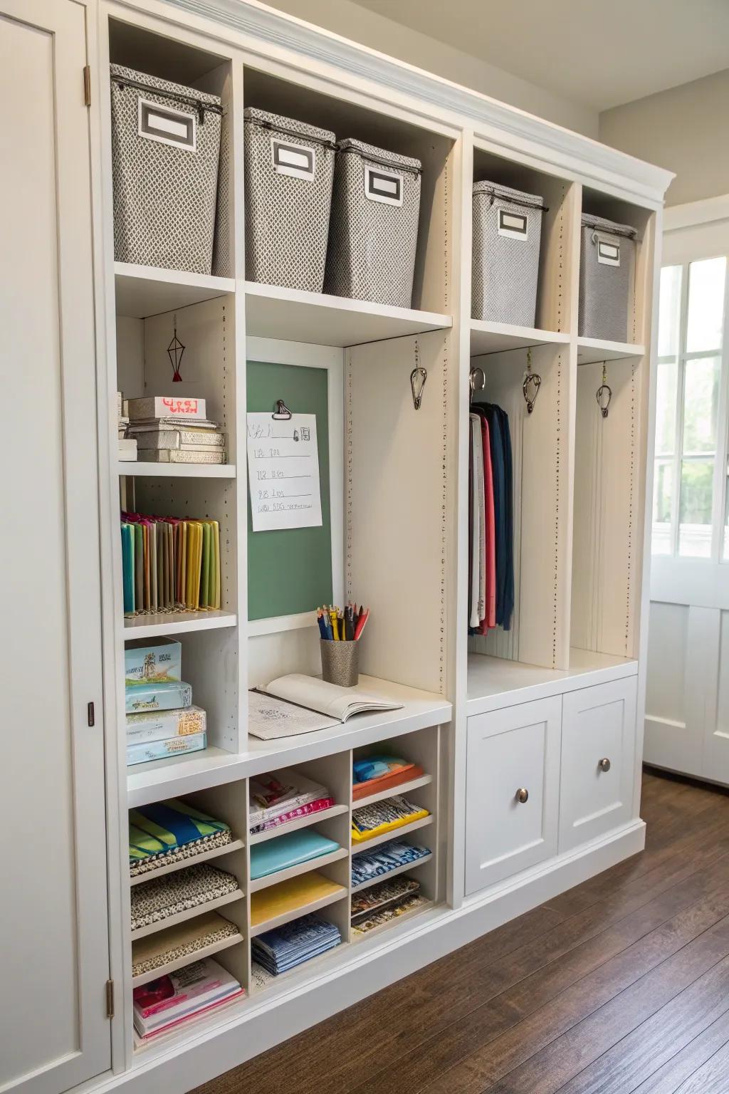 Office supplies neatly stored in built-in lockers.