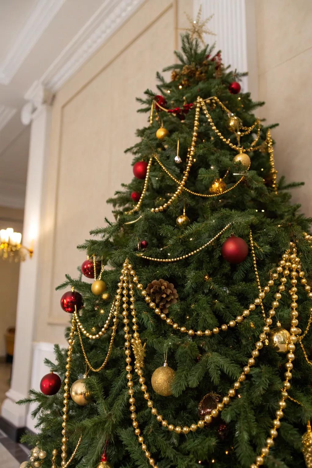 Gold beaded garlands add vintage glam to the tree.