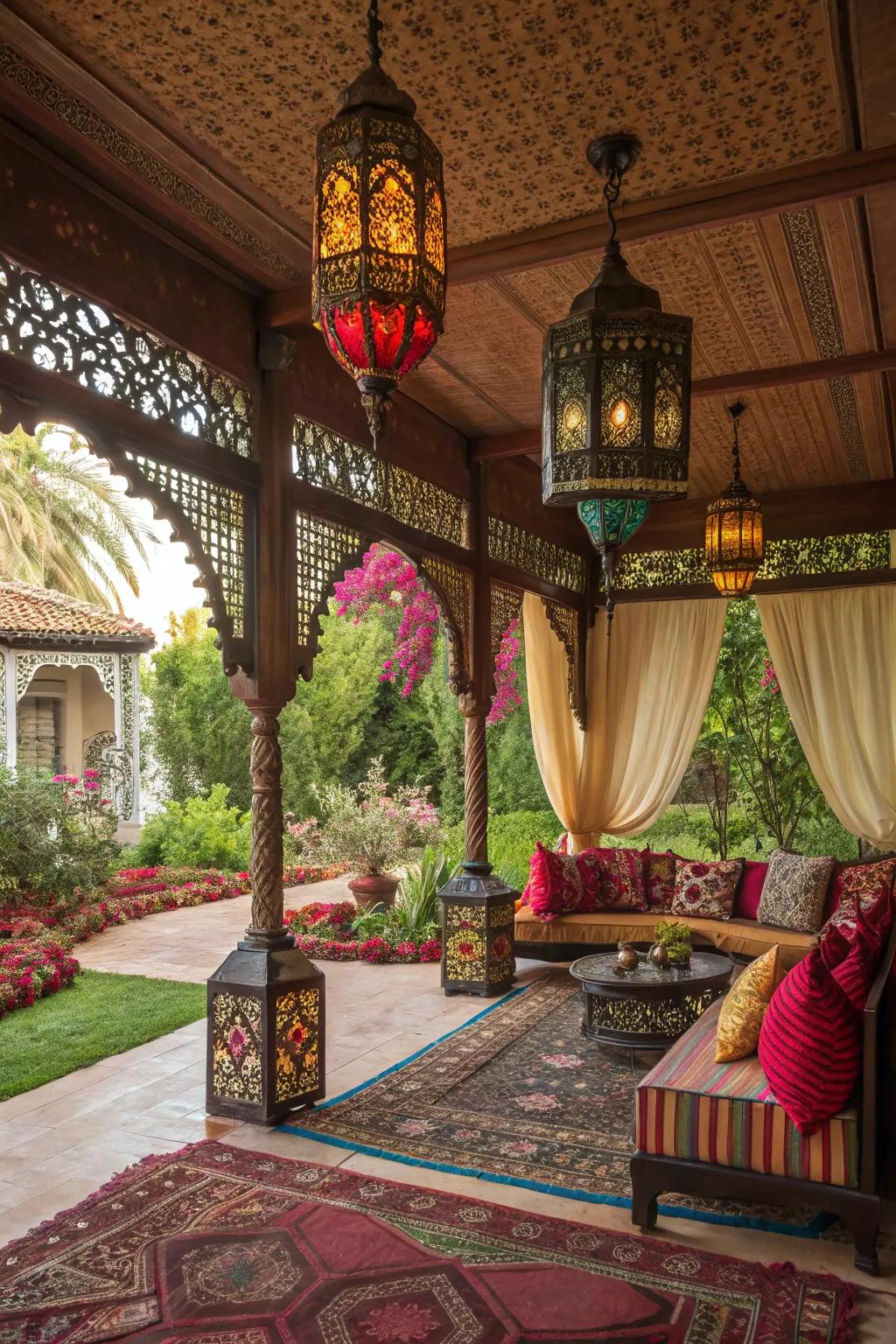 A vibrant Moroccan cabana with rich patterns and decor.