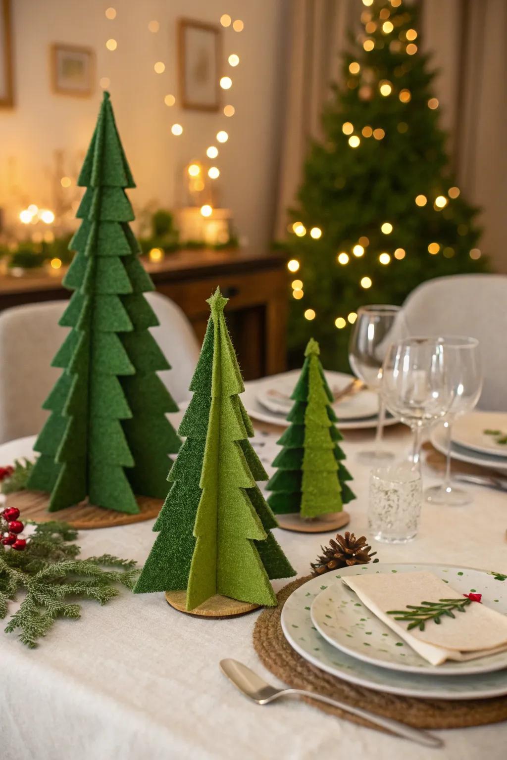 Handmade felt trees add simple charm to the holiday decor.