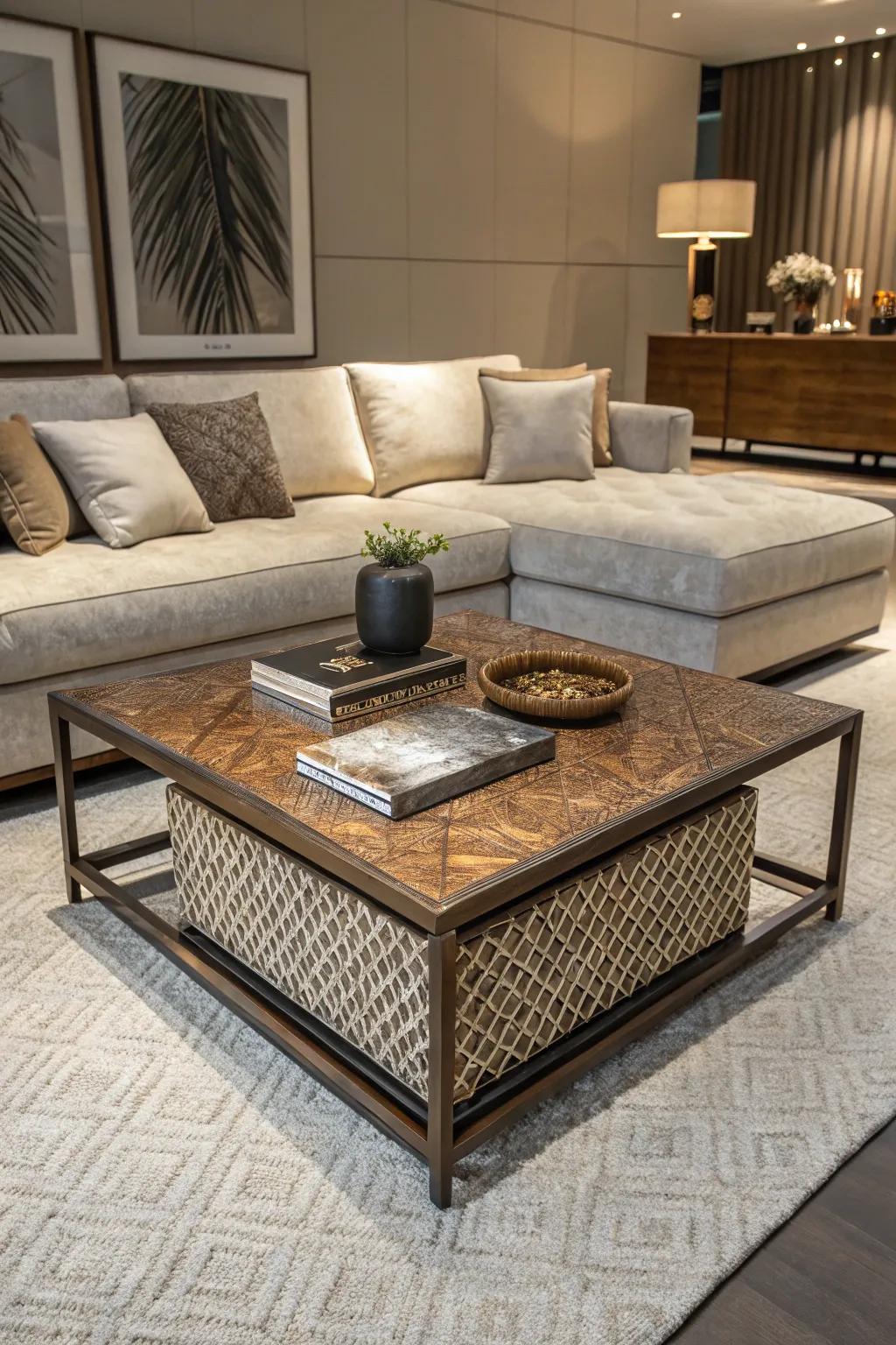 A mixed-material coffee table brings texture and depth to a modern living room.