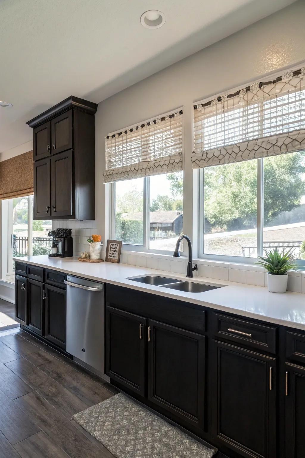 Dark cabinets bathed in natural light for a warm and inviting kitchen.