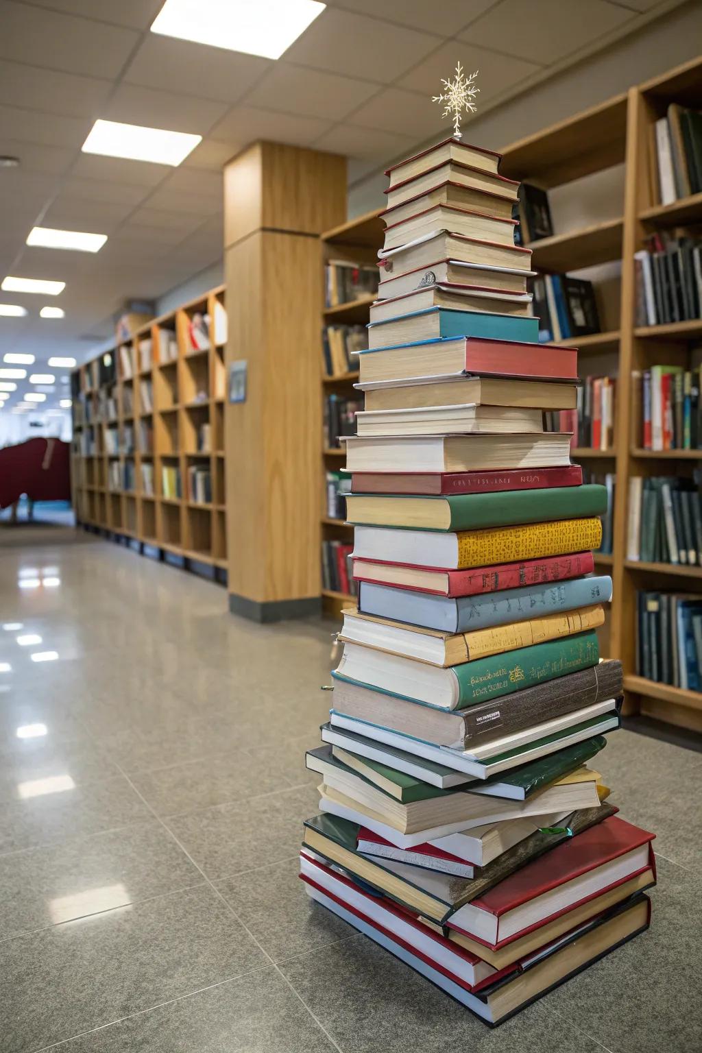 A Christmas tree made of books adds clever charm to office decor.