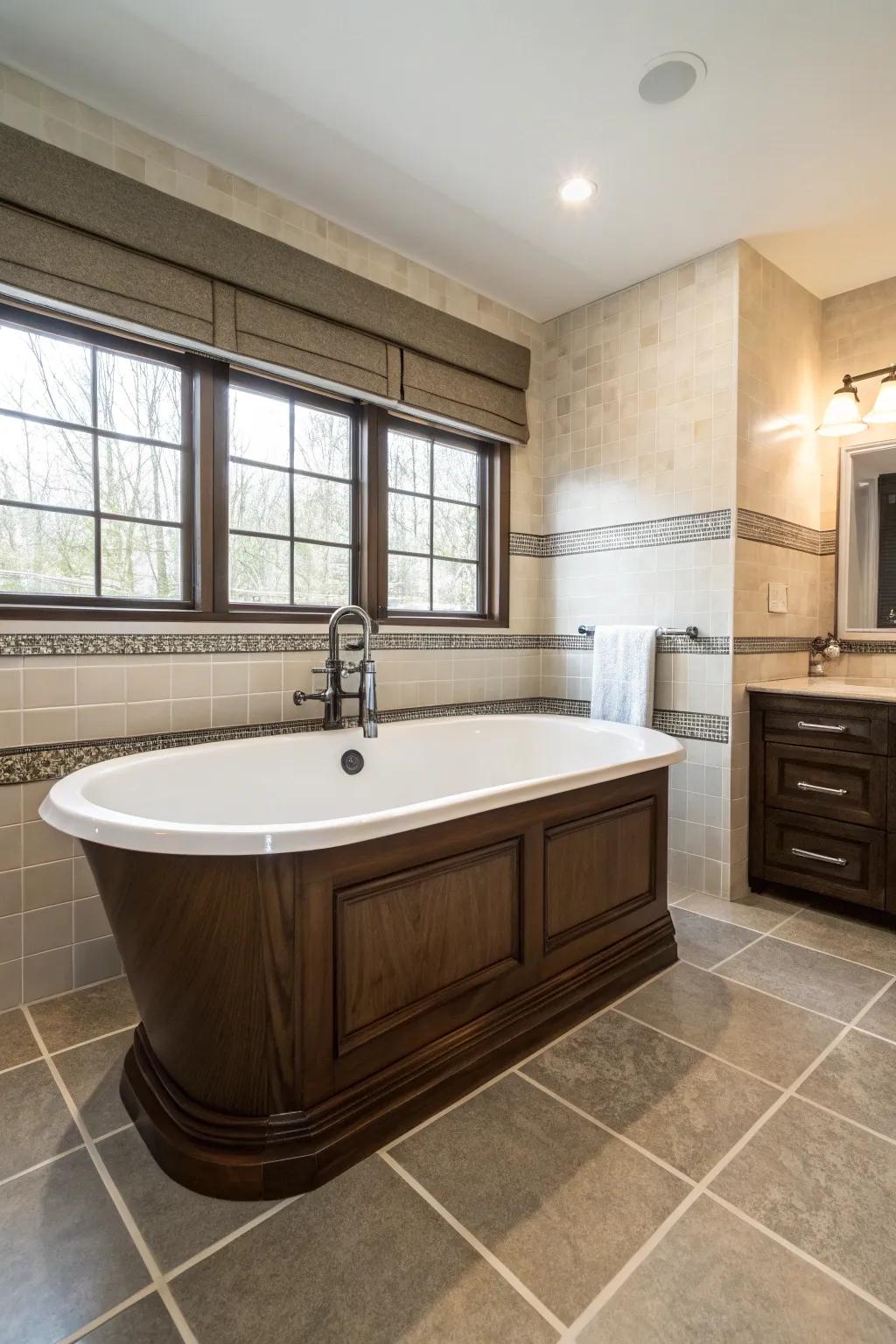 A freestanding tub with dark wood surround offers an extravagant getaway.