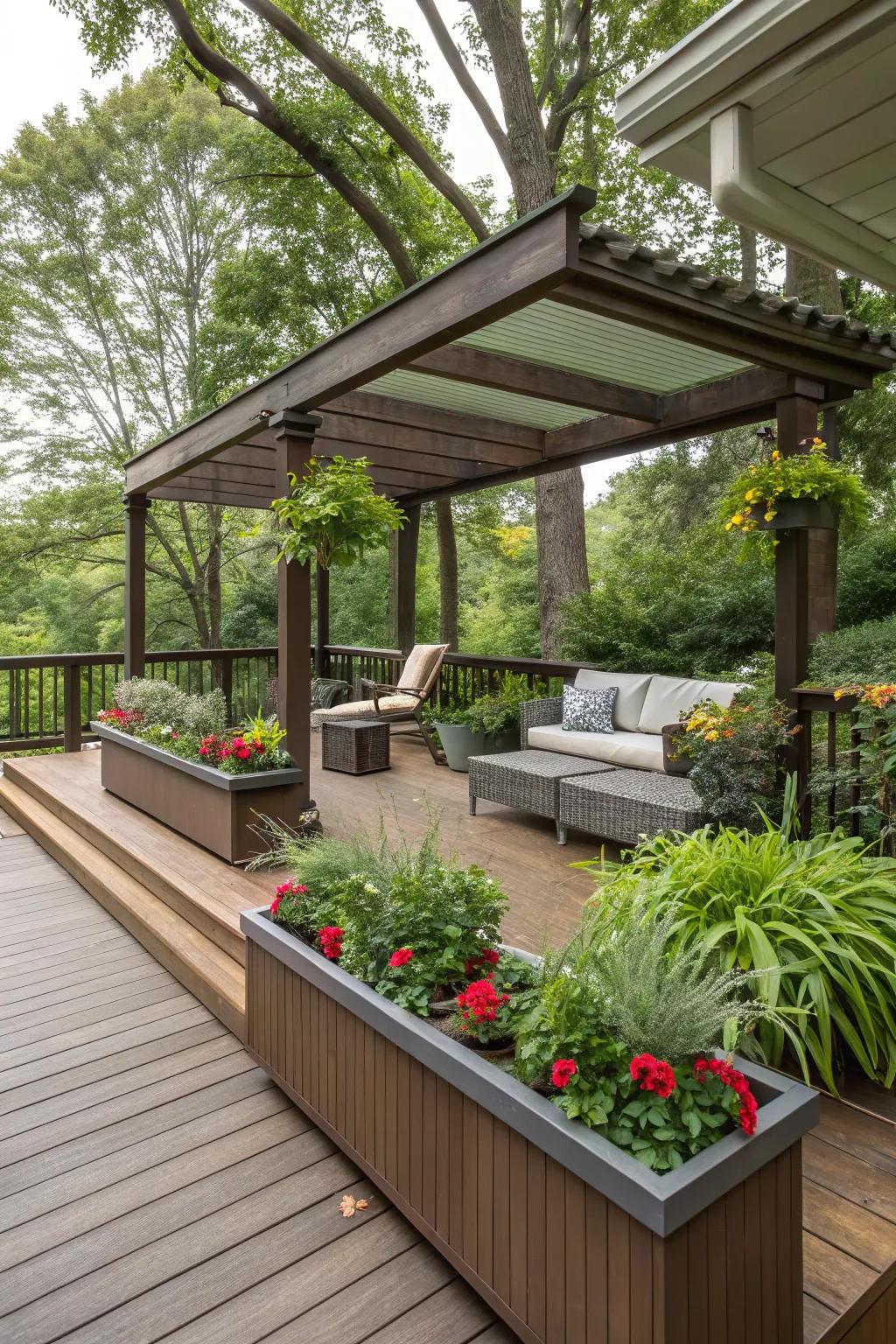 Covered seating with planters combines comfort and greenery.