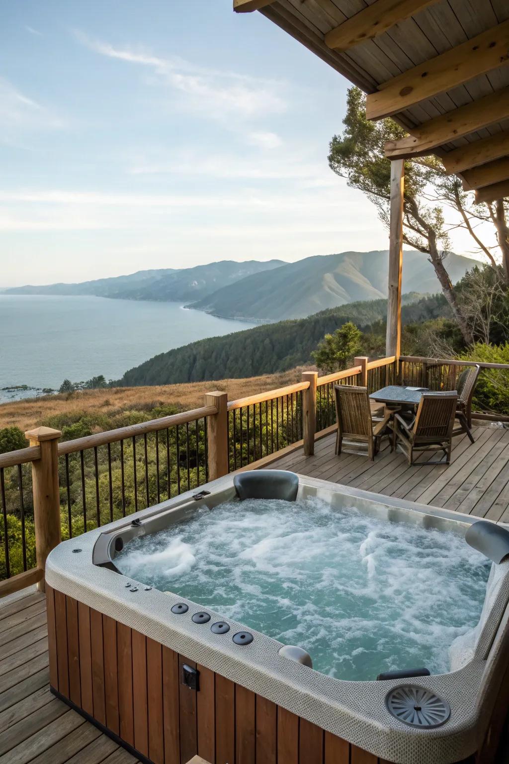 A hot tub with a scenic view is the perfect relaxation spot.