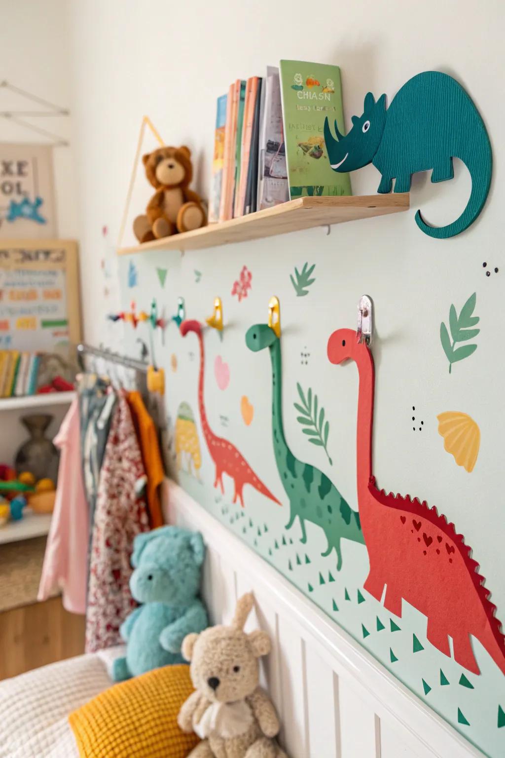 Dinosaur-themed wall hooks that add fun and function to the space.