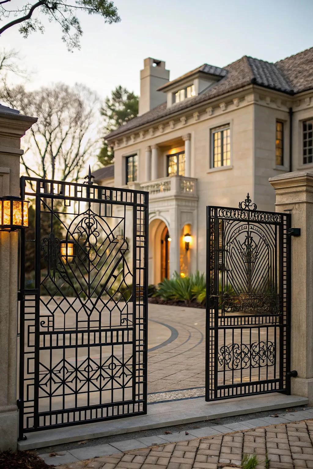 An Art Deco gate that adds refined glamour with its intricate patterns.