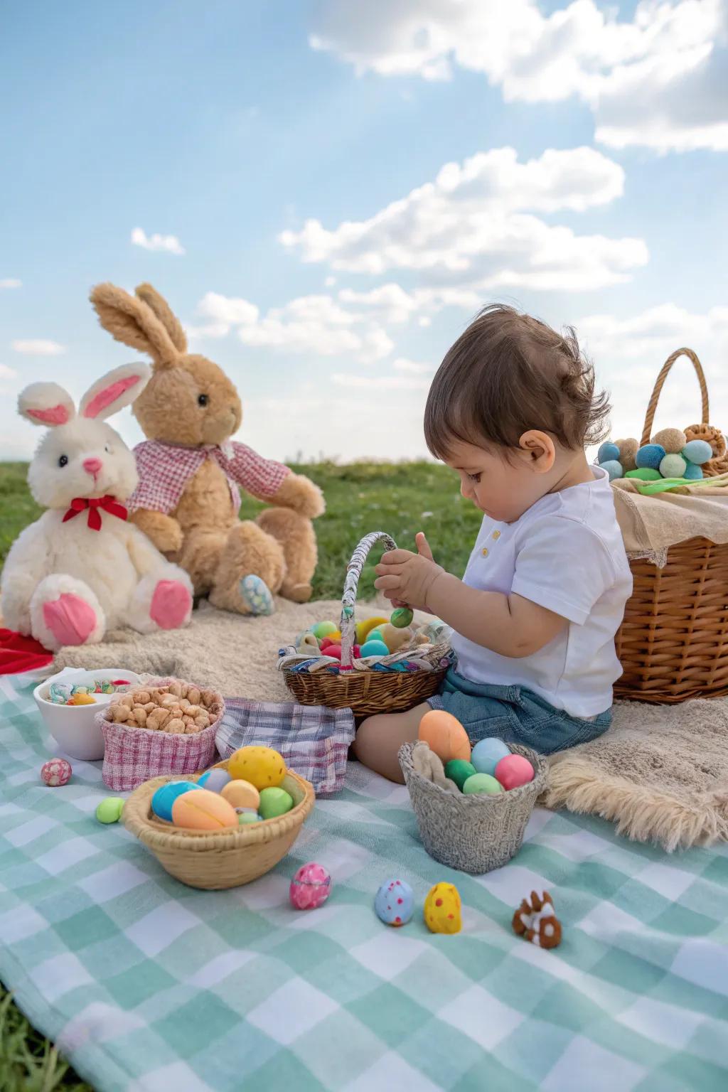 A delightful repast al fresco themed for the spring holiday featuring plush companions.