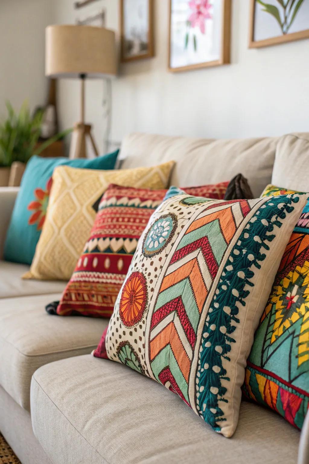 A settee adorned with a diverse collection of patterned cushions.