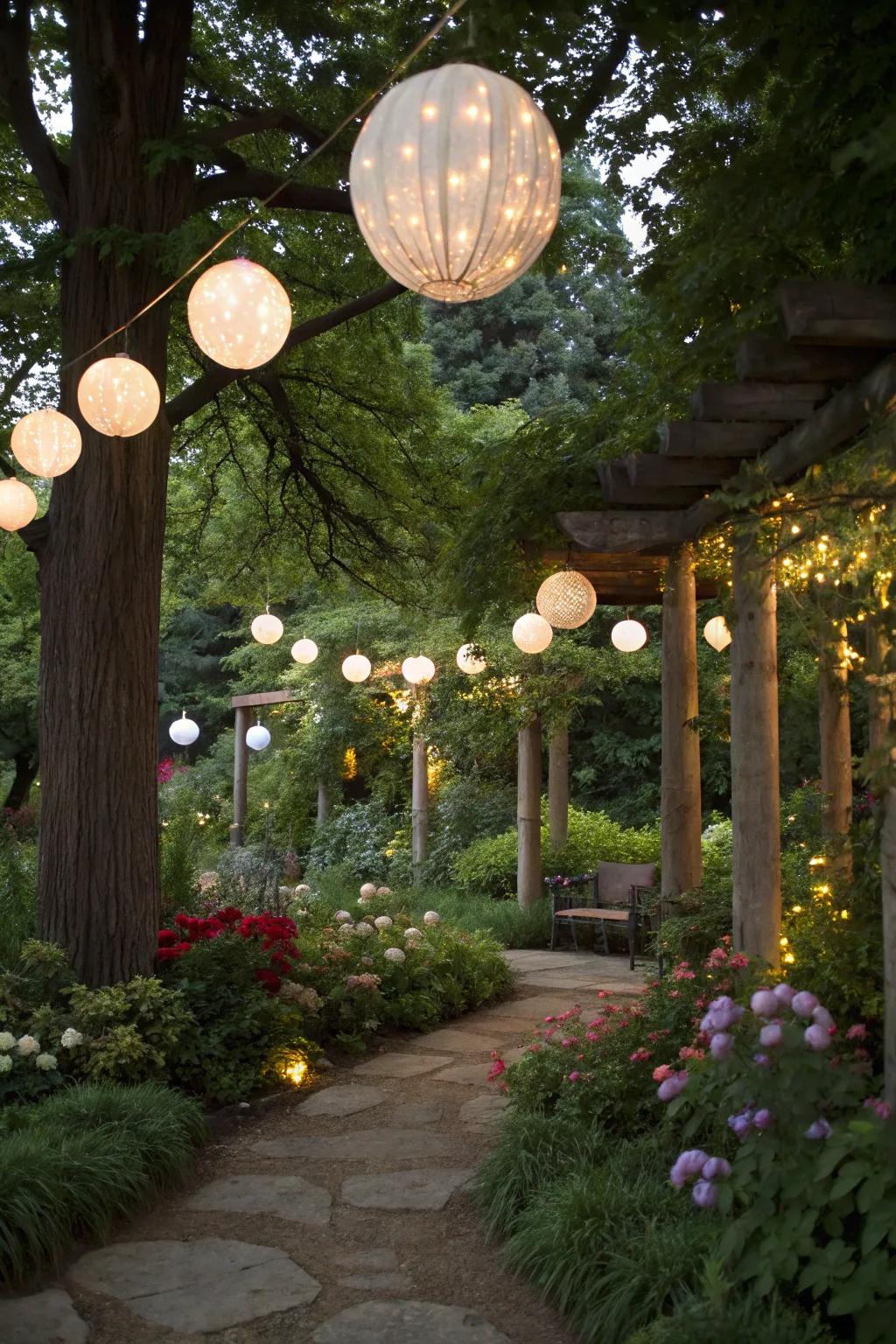 Floating light spheres create a magical garden dimension.