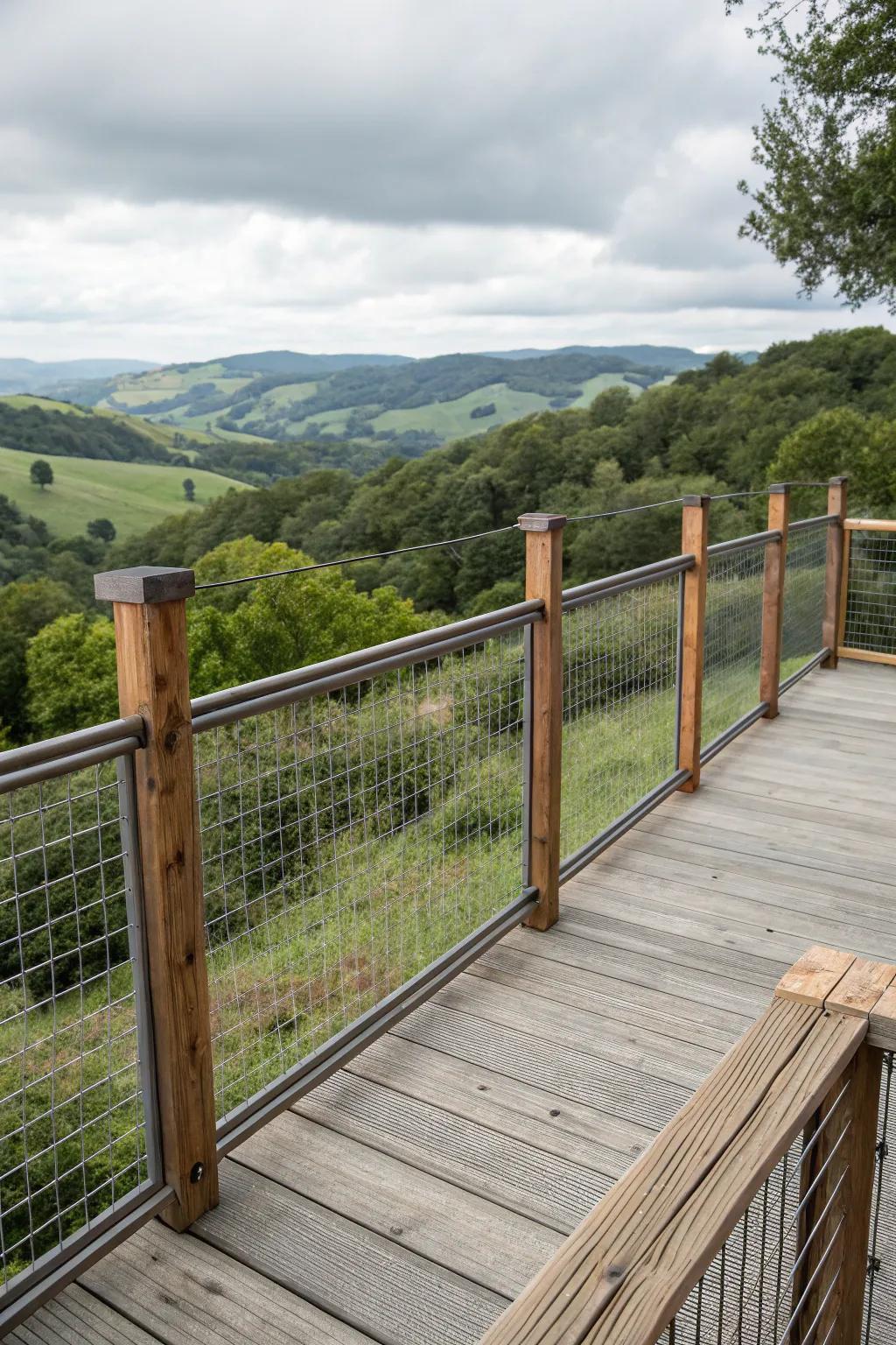 Industrial edge: Rustic metal mesh railing.