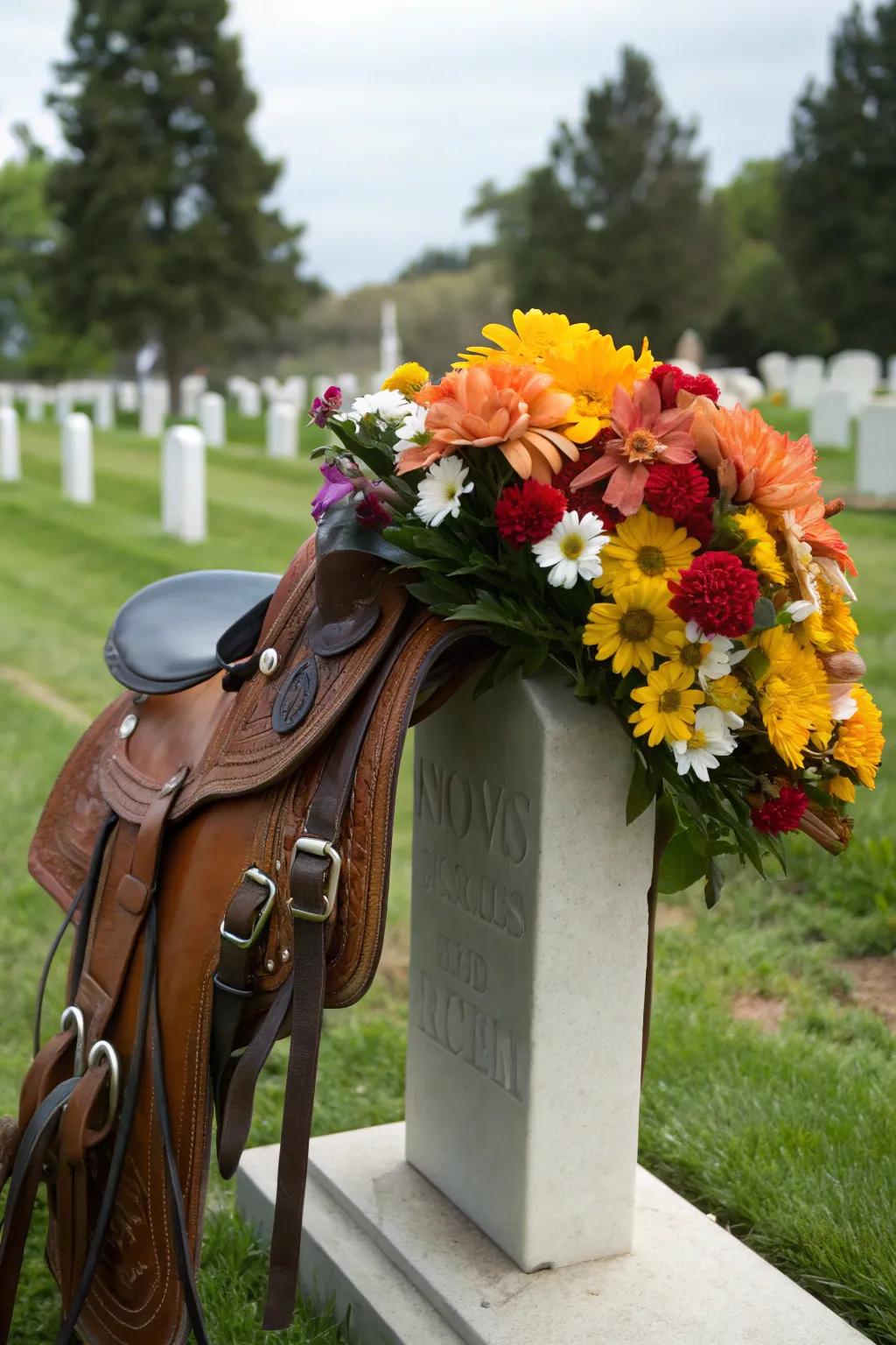 A headstone mount showing vibrant floral compositions.